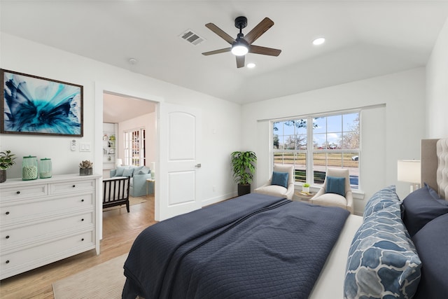 bedroom with a ceiling fan, recessed lighting, visible vents, and light wood-type flooring