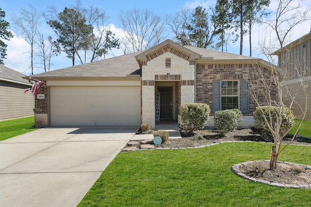 view of front of home featuring brick siding, a front lawn, concrete driveway, stone siding, and an attached garage