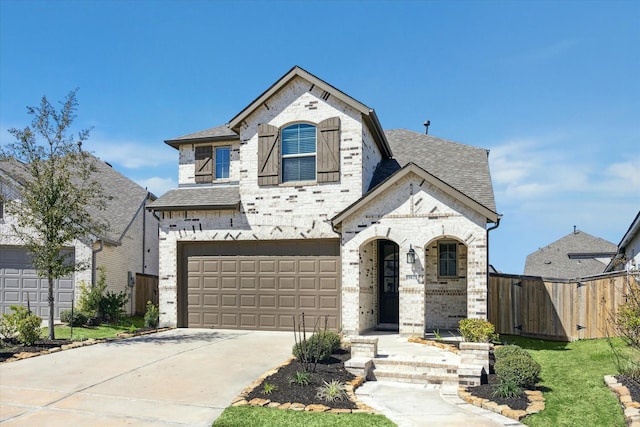 french country inspired facade with a gate, brick siding, driveway, and a shingled roof