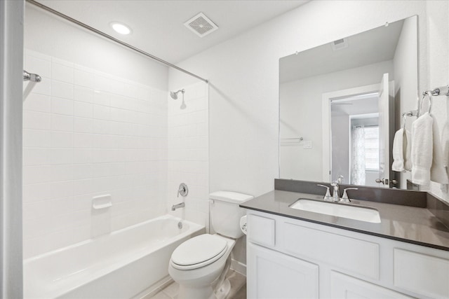 full bath with vanity, toilet, washtub / shower combination, and visible vents