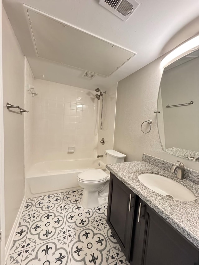 bathroom with vanity, visible vents,  shower combination, tile patterned floors, and toilet