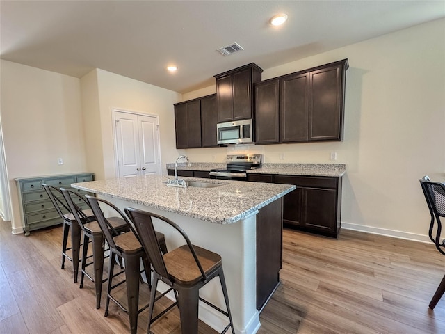 kitchen featuring light wood finished floors, visible vents, dark brown cabinetry, appliances with stainless steel finishes, and a sink