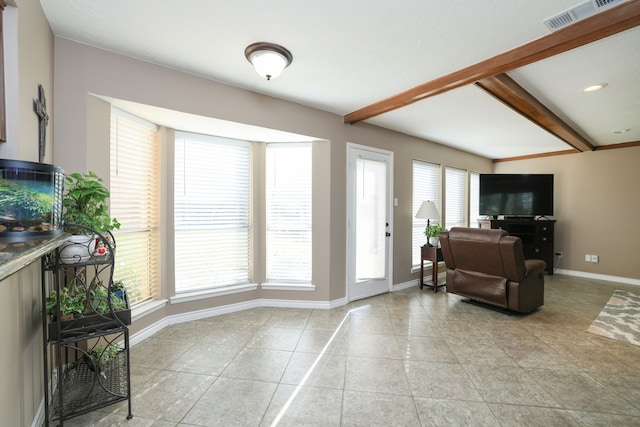 living room featuring visible vents, beamed ceiling, recessed lighting, light tile patterned flooring, and baseboards