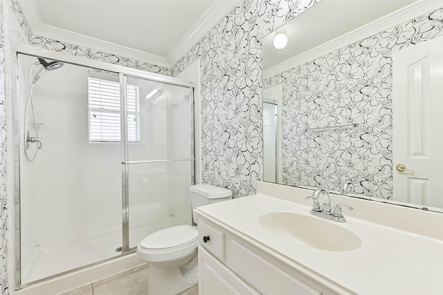 full bath featuring toilet, a stall shower, crown molding, wallpapered walls, and vanity