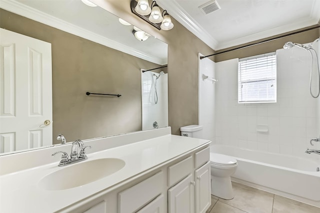 full bathroom with visible vents, toilet, ornamental molding, tile patterned flooring, and shower / bath combination