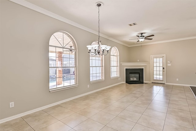 unfurnished living room featuring light tile patterned floors, baseboards, ornamental molding, a glass covered fireplace, and ceiling fan with notable chandelier