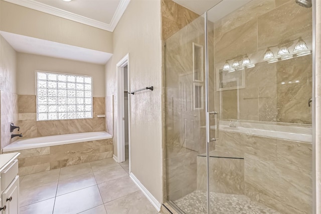 bathroom with tile patterned flooring, a shower stall, crown molding, a garden tub, and vanity