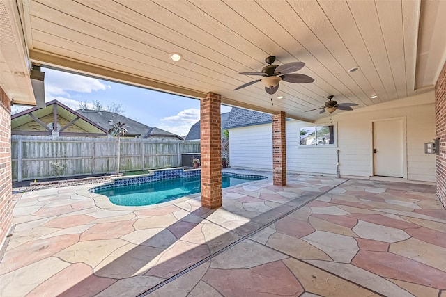 view of pool with a fenced in pool, a patio, a ceiling fan, and fence