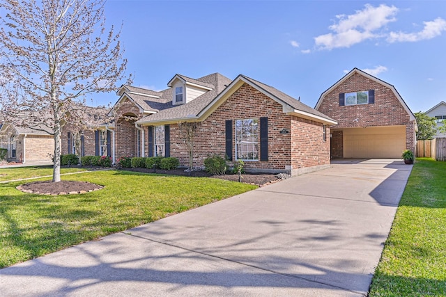 view of front of property with driveway, brick siding, roof with shingles, and a front lawn