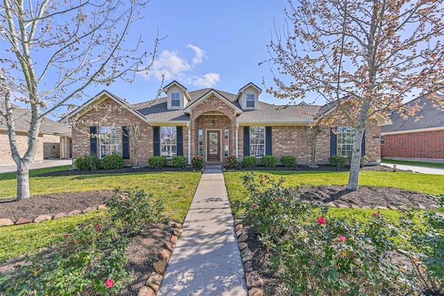 view of front facade featuring a front lawn, brick siding, and a shingled roof