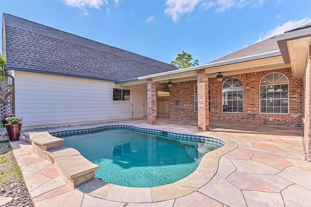 pool featuring a patio and a ceiling fan