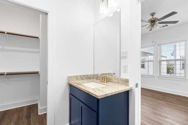 bathroom featuring baseboards, a spacious closet, wood finished floors, and vanity