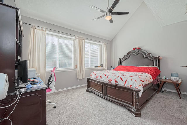 bedroom featuring light carpet, baseboards, and vaulted ceiling