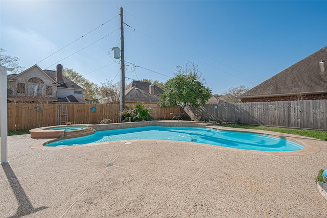 view of swimming pool with a patio area, a fenced backyard, and a pool with connected hot tub