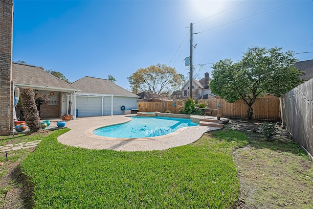 view of swimming pool featuring a patio, a yard, a fenced backyard, and a fenced in pool