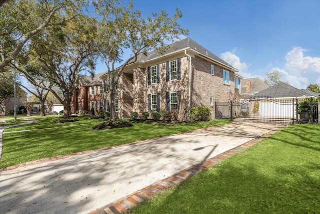 view of front of house with a front yard, a gate, brick siding, and concrete driveway