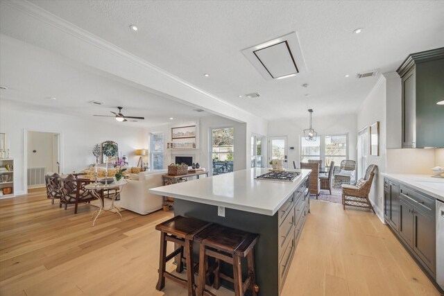 kitchen featuring light wood finished floors, visible vents, stainless steel appliances, and light countertops