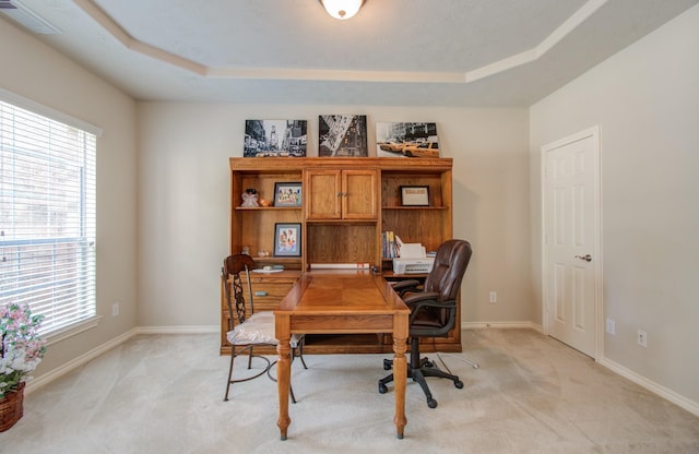 office featuring plenty of natural light, light colored carpet, and a tray ceiling