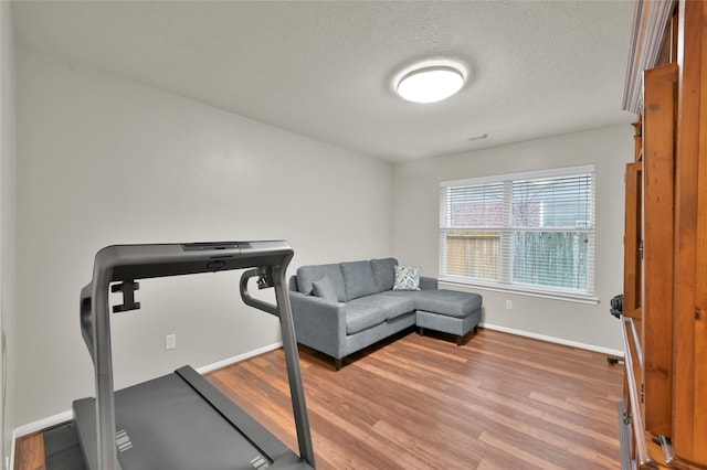 exercise room with wood finished floors, baseboards, and a textured ceiling