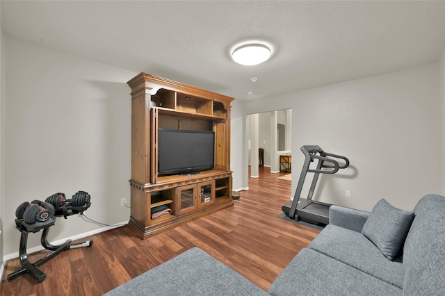 workout room featuring wood finished floors, baseboards, and a textured ceiling