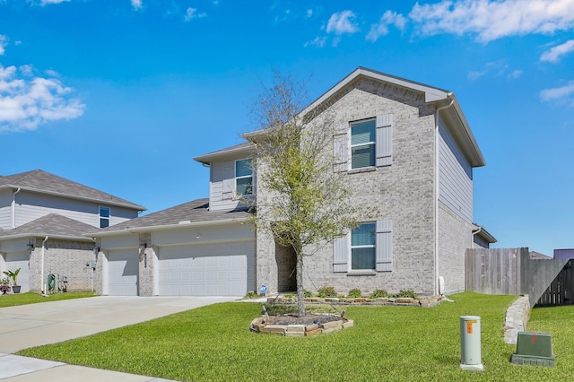 traditional home featuring concrete driveway, a front lawn, and fence