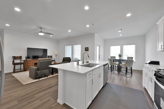 kitchen featuring a sink, appliances with stainless steel finishes, dark wood-style floors, and recessed lighting