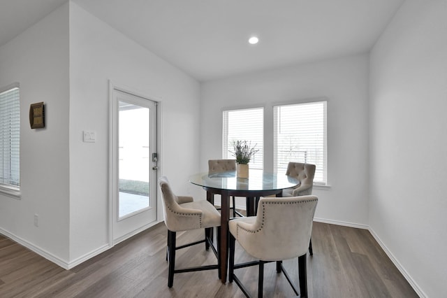 dining area featuring dark wood-type flooring, plenty of natural light, and baseboards