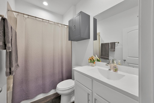 full bath with toilet, vanity, and shower / bathtub combination with curtain