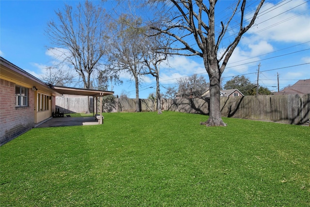 view of yard featuring a fenced backyard and a patio area