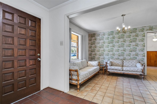 tiled foyer featuring baseboards, an inviting chandelier, crown molding, and wallpapered walls