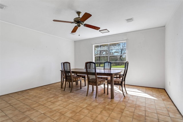 dining area featuring visible vents, a ceiling fan, and ornamental molding