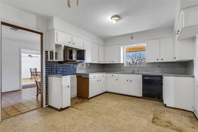 kitchen featuring ceiling fan, decorative backsplash, a sink, black dishwasher, and white cabinetry