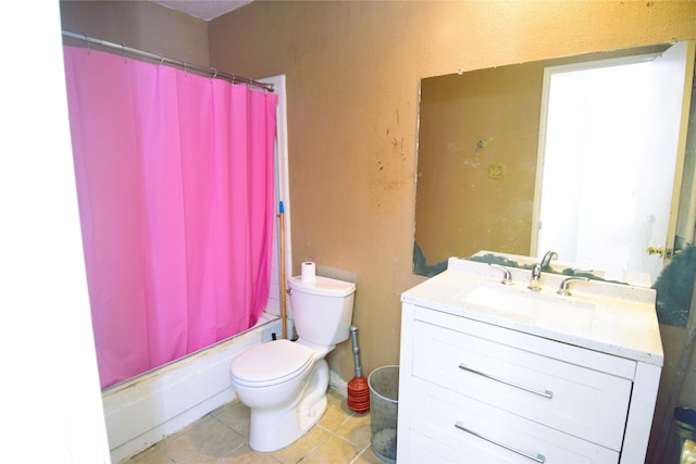 bathroom featuring vanity, tile patterned floors, toilet, and shower / tub combo with curtain