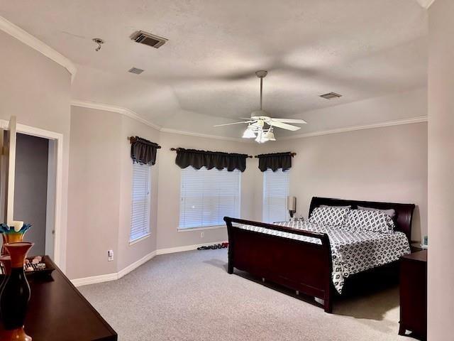 bedroom featuring visible vents, ceiling fan, baseboards, and carpet floors