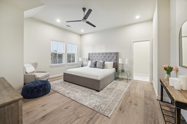 bedroom with recessed lighting, baseboards, wood finished floors, and ceiling fan