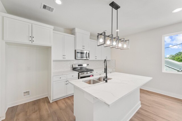 kitchen featuring visible vents, a sink, appliances with stainless steel finishes, white cabinetry, and backsplash