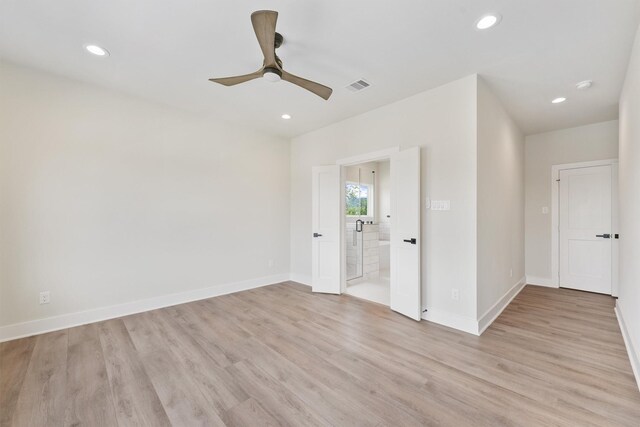 empty room with recessed lighting, visible vents, light wood-style flooring, and a ceiling fan