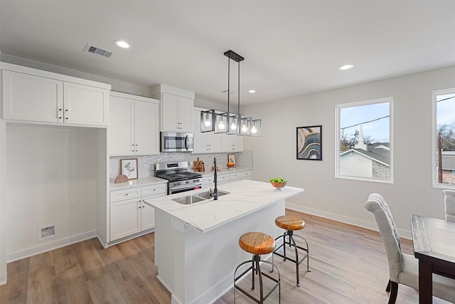 kitchen with visible vents, a sink, tasteful backsplash, stainless steel appliances, and light wood finished floors