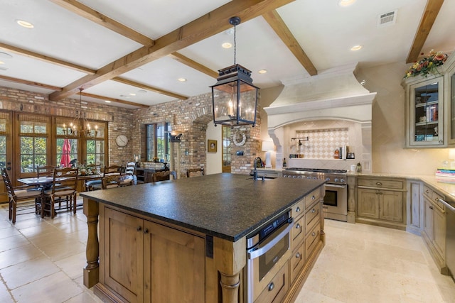 kitchen featuring visible vents, stainless steel appliances, custom range hood, beamed ceiling, and tasteful backsplash