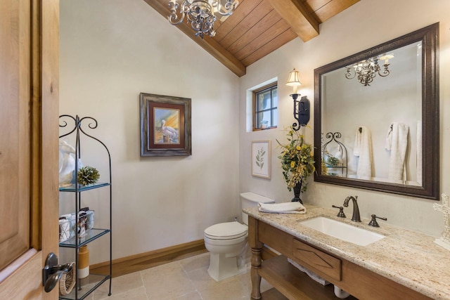 half bathroom featuring baseboards, vaulted ceiling with beams, a sink, wood ceiling, and toilet