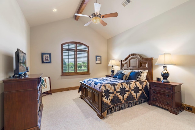 bedroom featuring light carpet, visible vents, lofted ceiling with beams, and baseboards