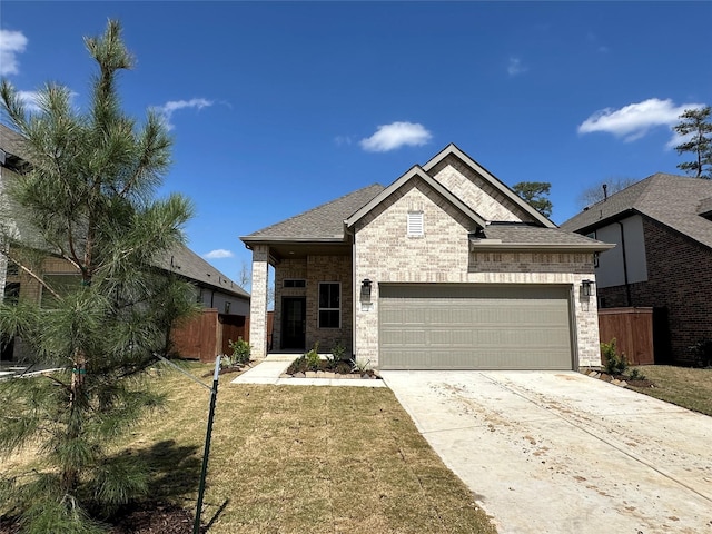 view of front of property with brick siding, concrete driveway, fence, and a garage