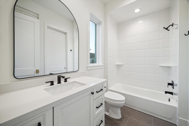 bathroom with tub / shower combination, toilet, recessed lighting, and vanity