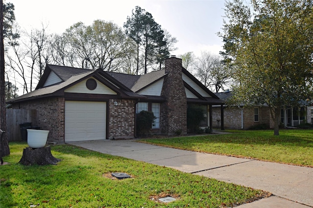 ranch-style house featuring brick siding, an attached garage, a chimney, and a front yard