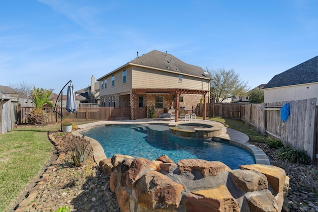 view of swimming pool with a patio, a lawn, a fenced backyard, and a pool with connected hot tub