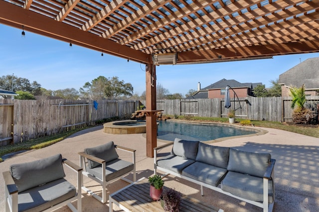 view of patio with outdoor lounge area, an in ground hot tub, a fenced backyard, and a fenced in pool