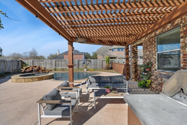 view of patio / terrace featuring an in ground hot tub, a fenced backyard, and a fenced in pool