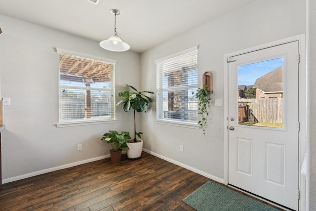 foyer with dark wood-style floors, baseboards, and a wealth of natural light