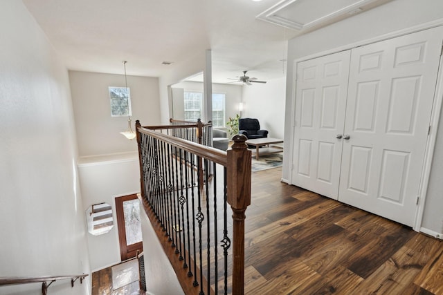 stairs featuring attic access and wood finished floors