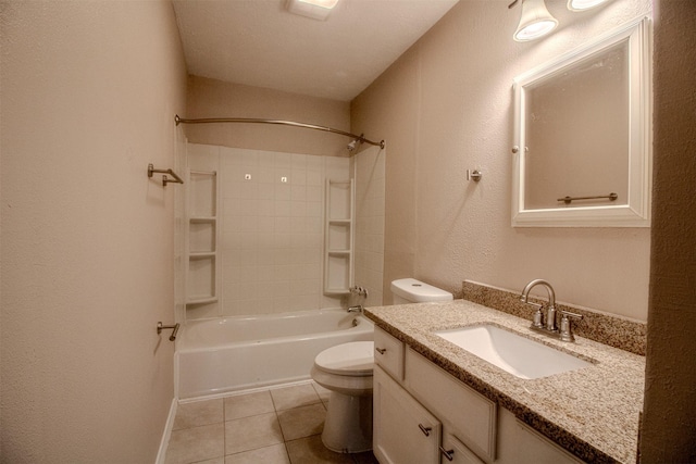 full bath featuring tile patterned flooring, baseboards, toilet, shower / bathtub combination, and vanity